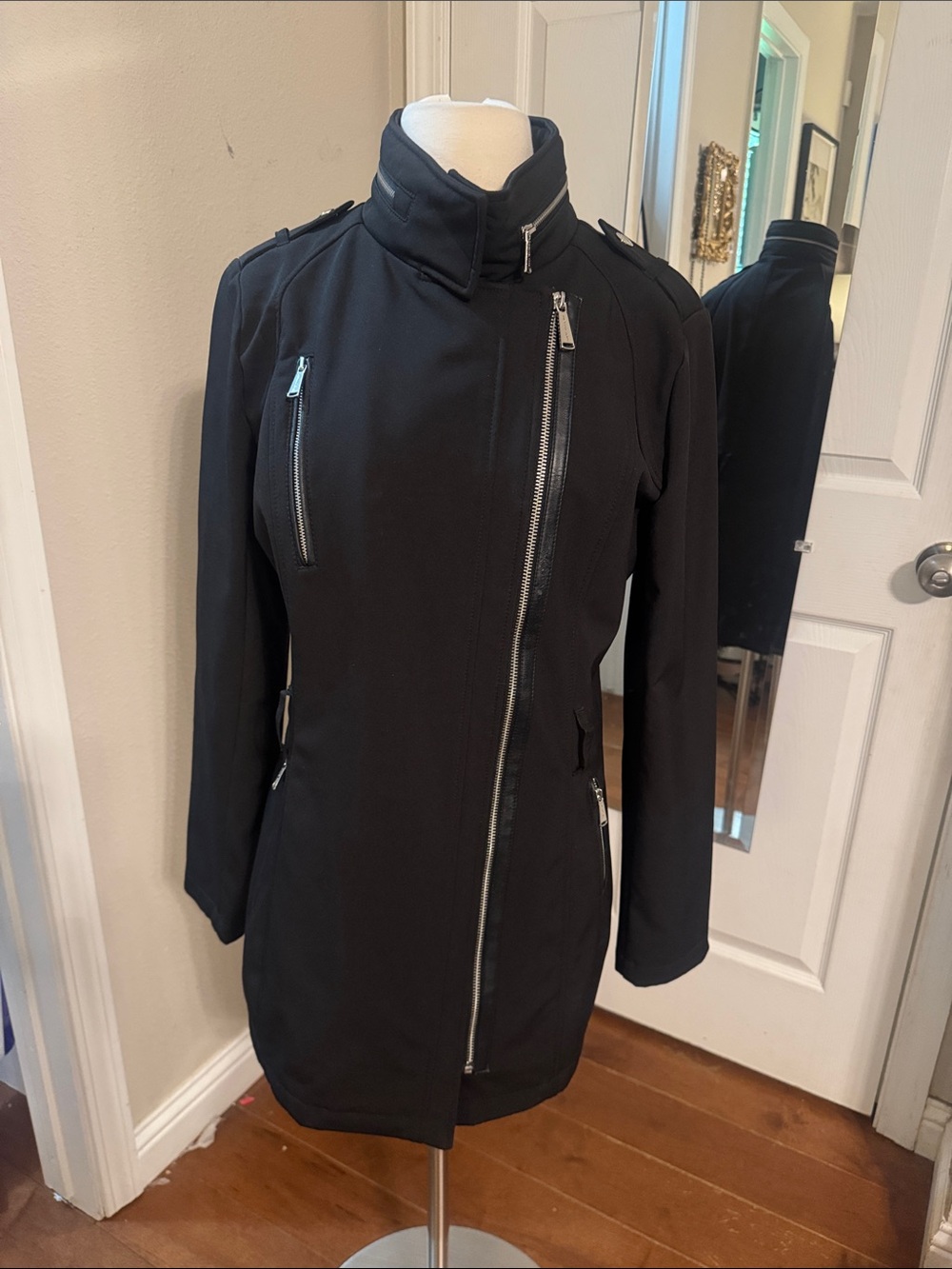 MICHAEL Michael Kors Black Asymmetric Zip Trench Coat with High Collar